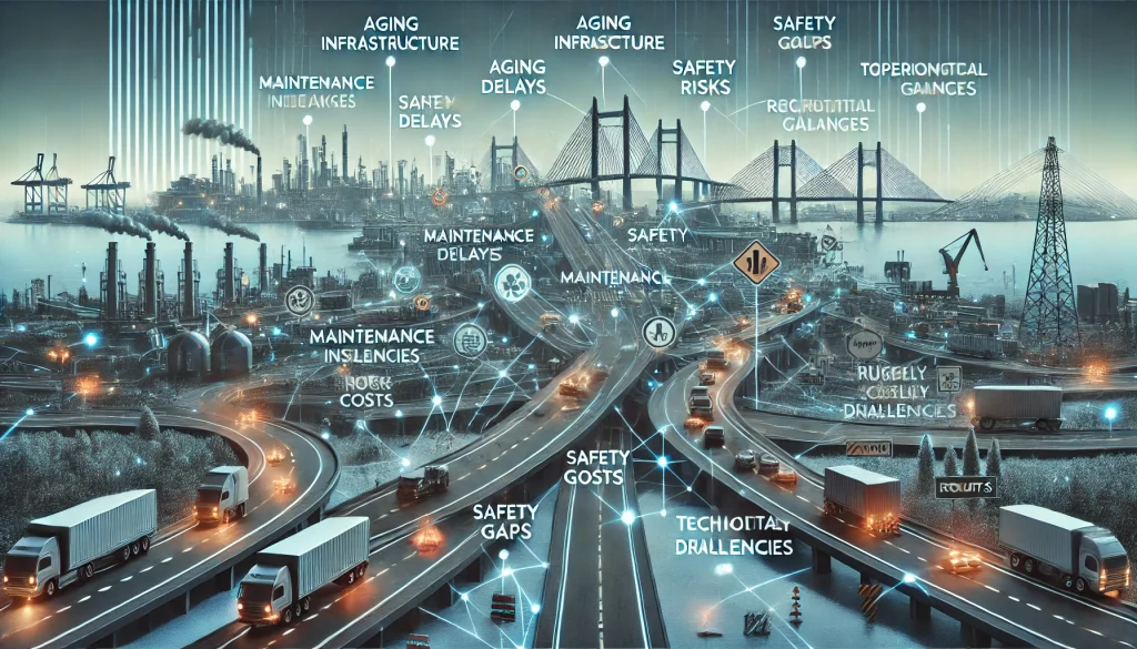 DALL·E 2024 08 07 11.13.36 A futuristic landscape image depicting pain points in transportation and logistics. The scene features a complex network of roads bridges and ports