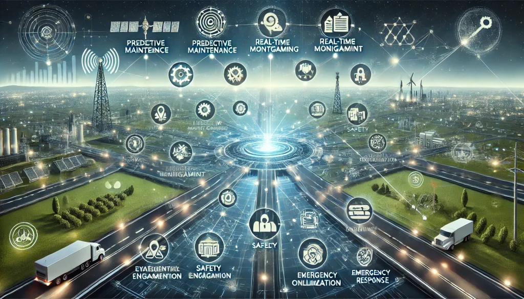 DALL·E 2024 08 07 11.13.57 A futuristic landscape image representing comprehensive research on modernizing transportation and logistics infrastructure. The scene features a cent 1