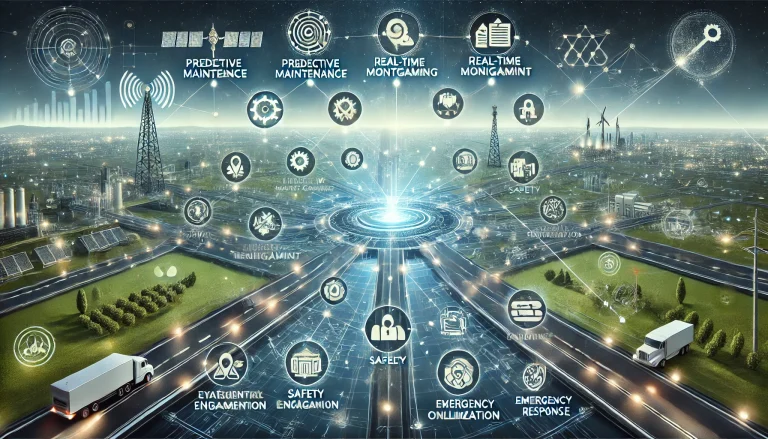 DALL·E 2024 08 07 11.13.57 A futuristic landscape image representing comprehensive research on modernizing transportation and logistics infrastructure. The scene features a cent 1