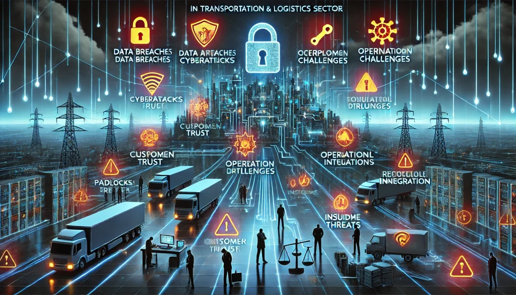 Enhancing Cybersecurity in Transportation and Logistics: Building a Resilient Digital Platform 2 DALL·E 2024 08 07 11.22.37 A futuristic landscape image depicting pain points in the transportation and logistics sector related to cybersecurity. The scene should feature a com
