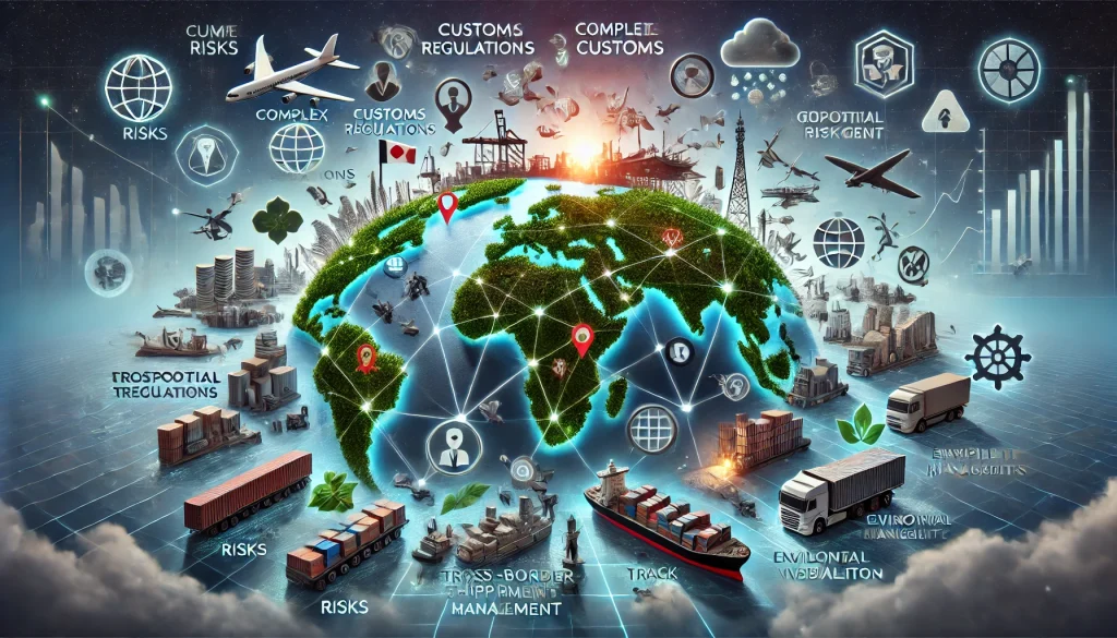 DALL·E 2024 08 07 11.26.34 A futuristic landscape image depicting pain points in international logistics. The scene should feature a global network of transportation routes por