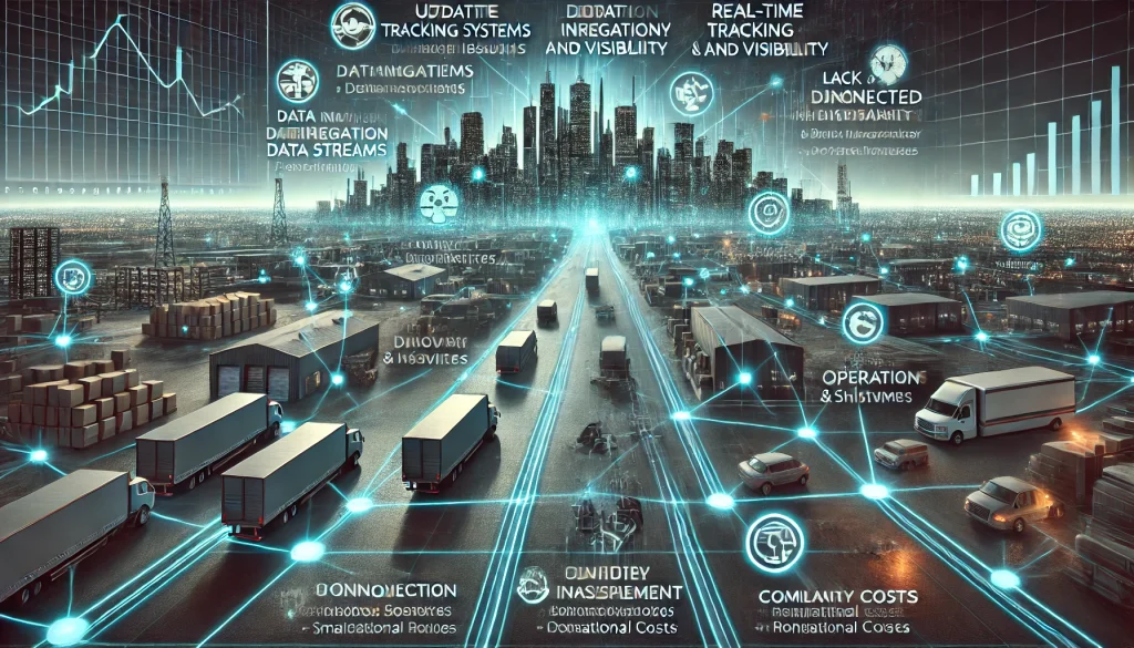 Enhancing Logistics with Real-Time Tracking and Visibility: Building a Modern Platform 2 DALL·E 2024 08 07 11.35.32 A futuristic landscape image depicting pain points in real time tracking and visibility for logistics. The scene should feature a network of warehouse