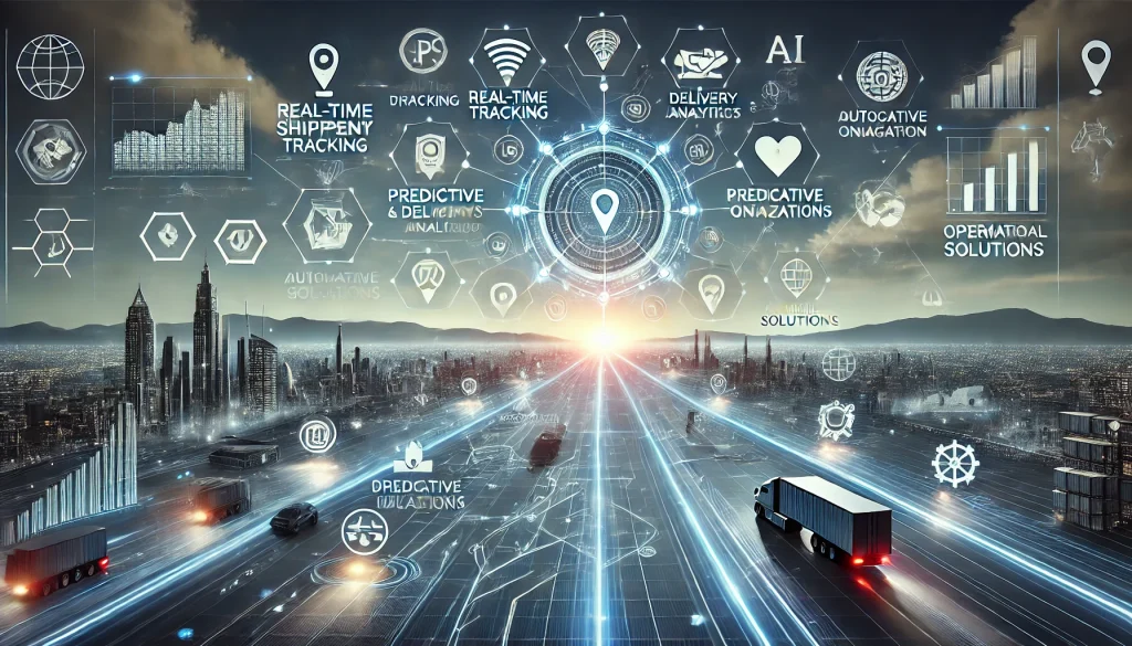 DALL·E 2024 08 07 11.35.54 A futuristic landscape image representing comprehensive research on real time tracking and visibility in logistics. The scene should feature a central