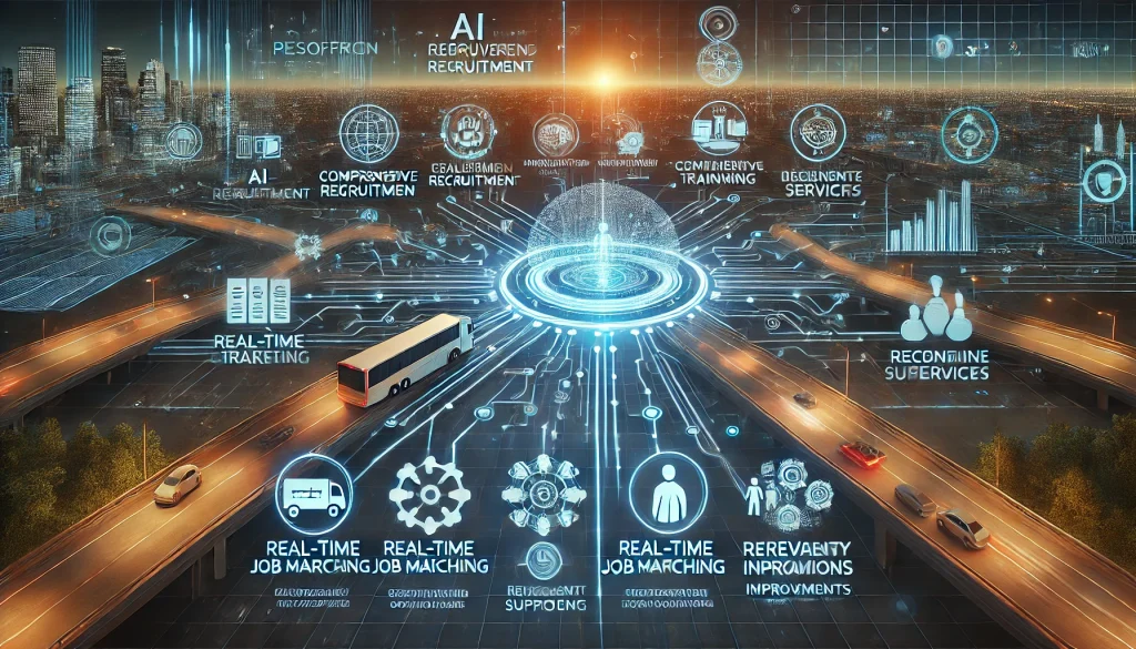 DALL·E 2024 08 07 11.40.55 A futuristic landscape image representing comprehensive research on solving the driver shortage in the transportation industry. The scene should featu