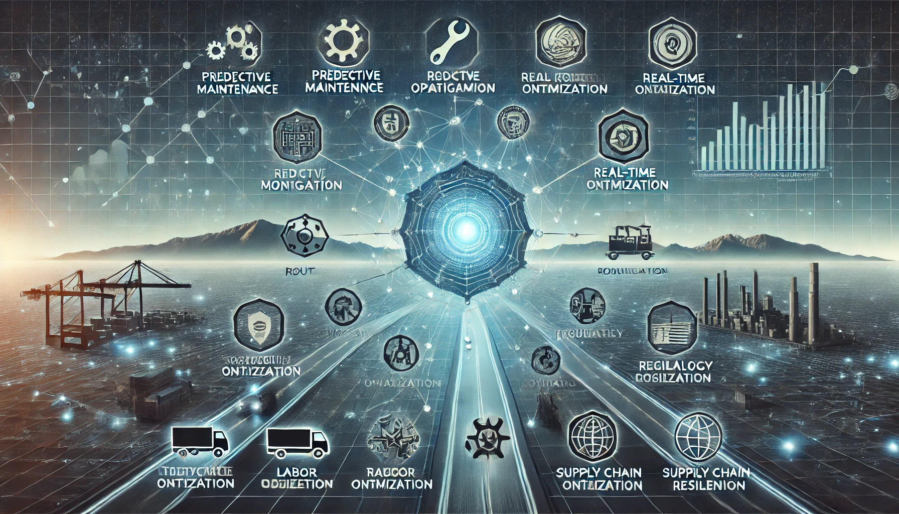 DALL·E 2024 08 07 11.44.47 A futuristic landscape image representing comprehensive research on reducing operational costs in transportation and logistics. The scene should featu