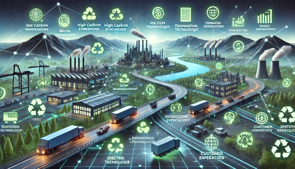 DALL·E 2024 08 07 11.49.58 A futuristic landscape image depicting pain points in adopting sustainable practices in transportation and logistics. The scene should feature a netwo