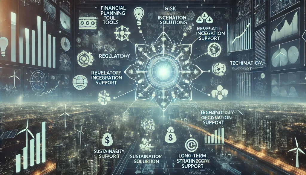 DALL·E 2024 08 07 12.21.48 A futuristic landscape image representing comprehensive research on ensuring the economic viability of renewable energy projects. The scene should fea