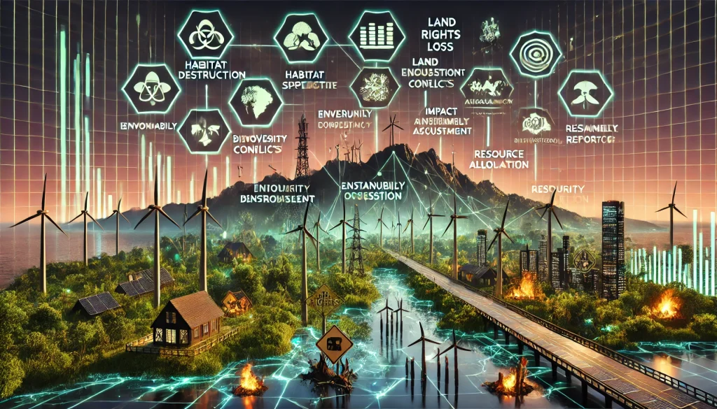 DALL·E 2024 08 07 12.25.40 A futuristic landscape image depicting pain points in developing energy infrastructure while conserving habitats. The scene should feature energy infr