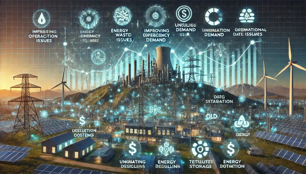 DALL·E 2024 08 07 12.29.01 A futuristic landscape image depicting pain points in improving energy efficiency and managing demand for the energy sector. The scene should feature