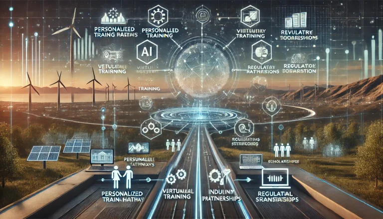 DALL·E 2024 08 07 12.37.08 A futuristic landscape image representing comprehensive research on workforce transition from conventional to renewable energy. The scene should featu