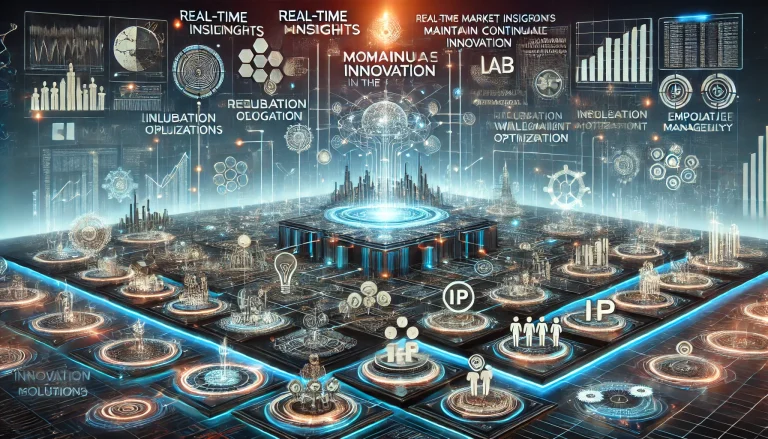 DALL·E 2024 08 08 11.10.53 A futuristic landscape image representing comprehensive research on maintaining continuous innovation in the tech industry. The scene should feature a