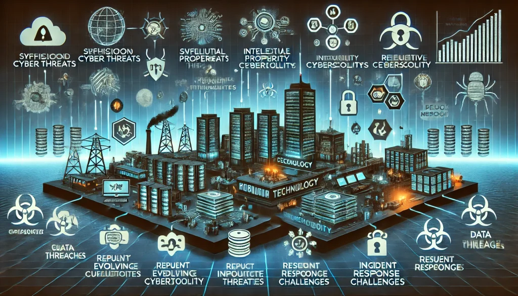 DALL·E 2024 08 08 11.19.29 A futuristic landscape image depicting pain points in cybersecurity for technology companies. The scene should feature advanced technology infrastruct