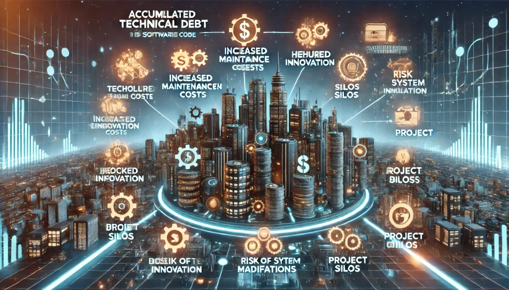 Managing Technical Debt in Software Development: Building a Platform for Sustainable Innovation 2 DALL·E 2024 08 08 11.23.12 A futuristic landscape image depicting pain points in managing technical debt in software development. The scene should feature a high tech cityscape