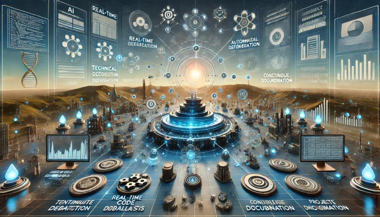 DALL·E 2024 08 08 11.23.34 A futuristic landscape image representing comprehensive research on managing technical debt in software development. The scene should feature a centra