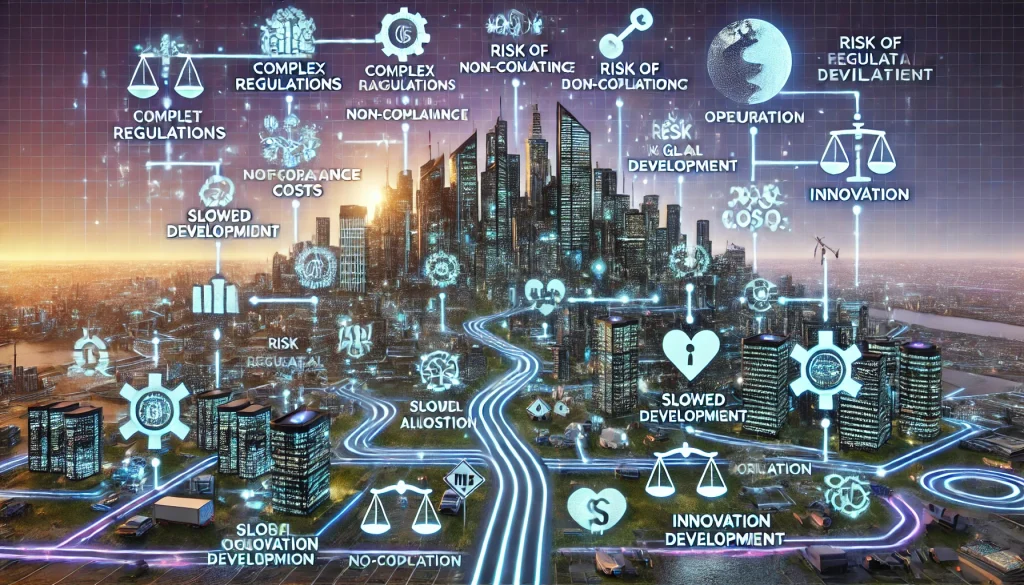 Streamlining Compliance for Tech Innovators: Building a Platform for Navigating Regulatory Challenges 2 DALL·E 2024 08 08 11.28.13 A futuristic landscape image depicting pain points in navigating complex regulatory environments for technology companies. The scene should feature ad