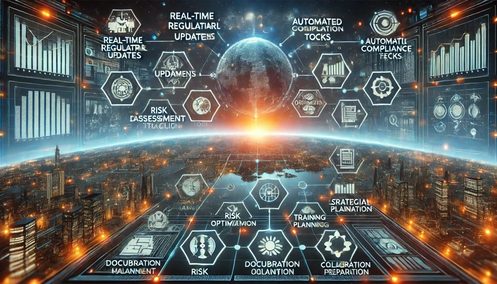 DALL·E 2024 08 08 11.28.39 A futuristic landscape image representing comprehensive research on navigating complex regulatory environments for technology companies. The scene sho