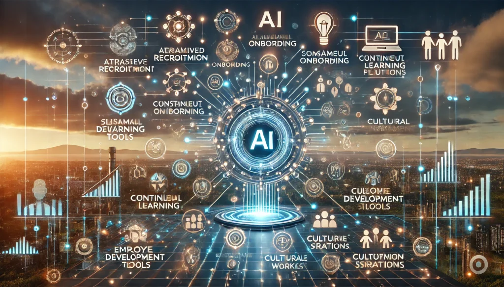 DALL·E 2024 08 08 11.32.40 A futuristic landscape image representing comprehensive research on attracting and retaining top talent in technology companies. The scene should feat