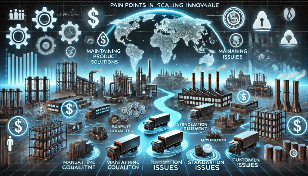 DALL·E 2024 08 08 11.36.39 A futuristic landscape image depicting pain points in scaling innovative solutions from prototypes to full scale implementation. The scene should feat