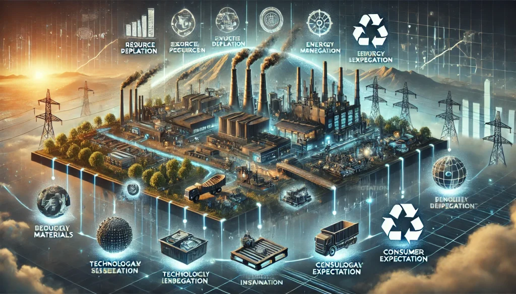 DALL·E 2024 08 08 12.05.16 A futuristic landscape image depicting pain points in the production and disposal of electronic devices. The scene should feature advanced manufacturi