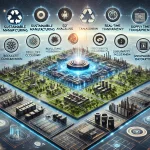 DALL·E 2024 08 08 12.05.41 A futuristic landscape image representing comprehensive research on sustainability in the electronics industry. The scene should feature a central hub