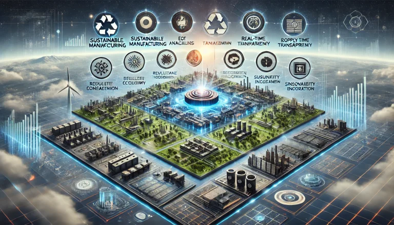 DALL·E 2024 08 08 12.05.41 A futuristic landscape image representing comprehensive research on sustainability in the electronics industry. The scene should feature a central hub