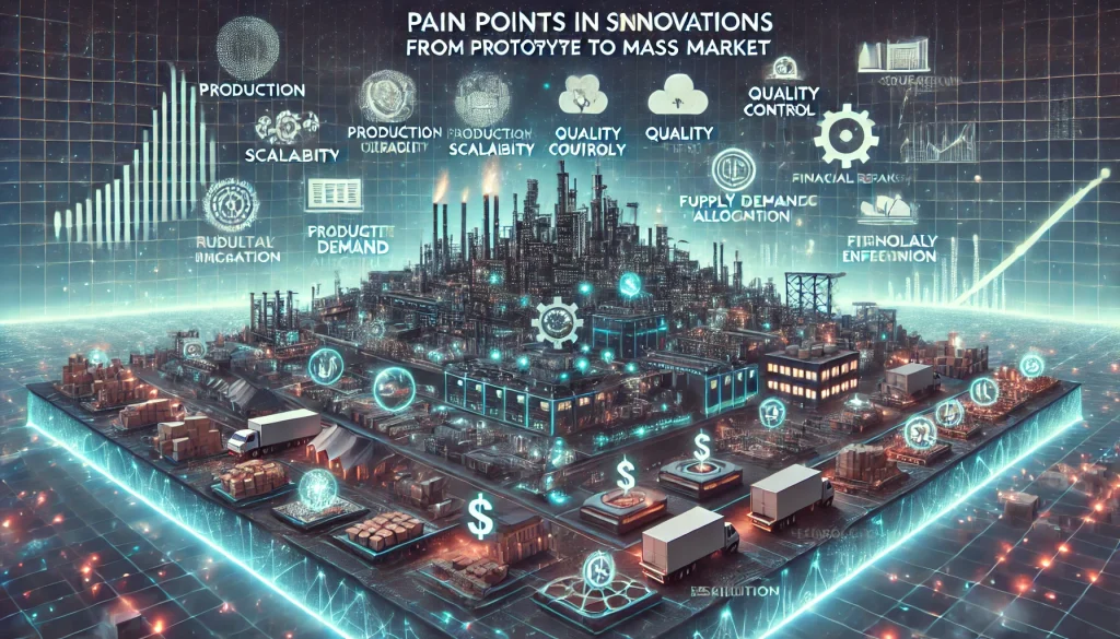 DALL·E 2024 08 08 12.13.34 A futuristic landscape image depicting pain points in scaling innovations from prototype to mass market. The scene should feature high tech manufactur