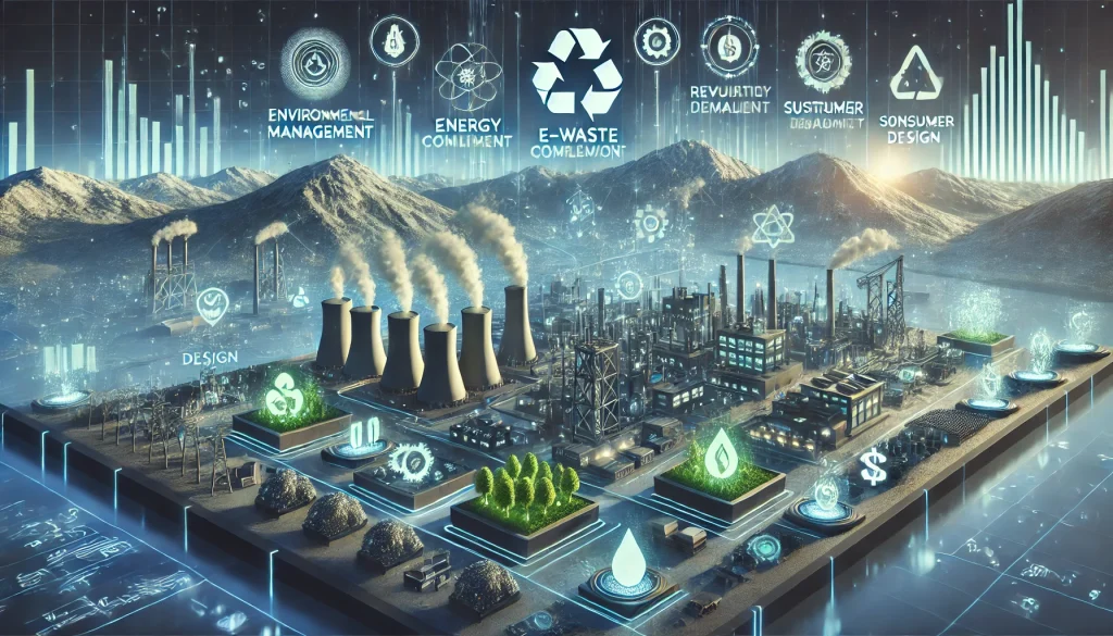 DALL·E 2024 08 08 12.29.38 A futuristic landscape image depicting pain points in the environmental impact of tech innovations. The scene should feature high tech manufacturing f