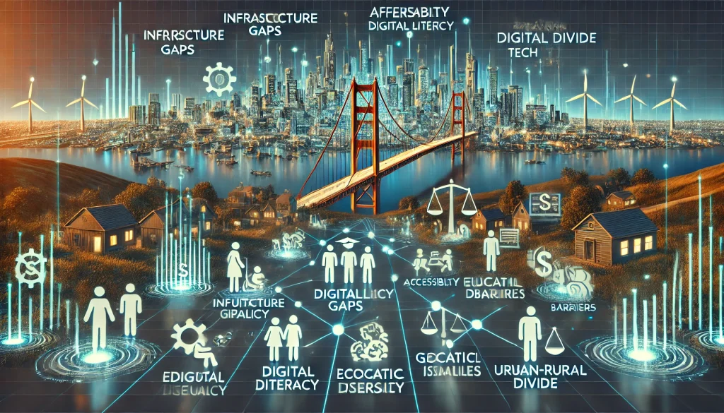 DALL·E 2024 08 08 13.30.13 A futuristic landscape image depicting pain points in addressing the digital divide for tech companies. The scene should feature high tech urban cente