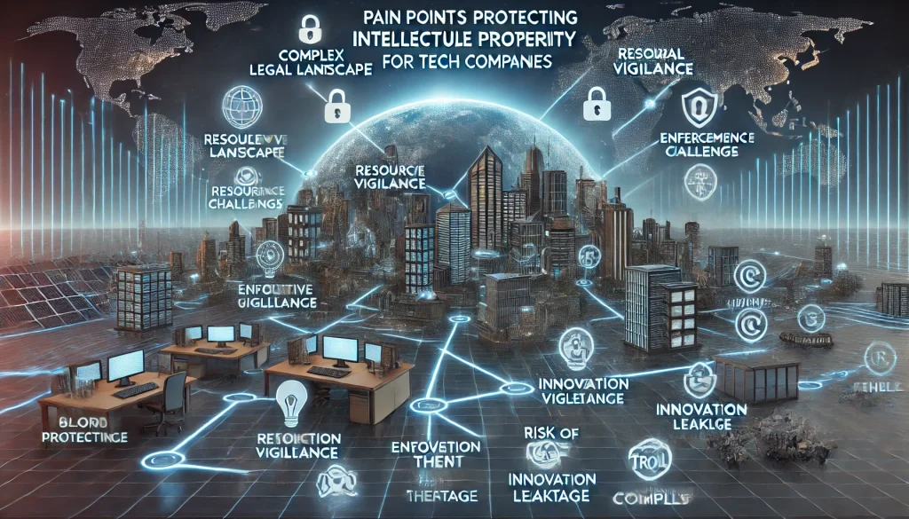 DALL·E 2024 08 08 13.35.21 A futuristic landscape image depicting pain points in protecting intellectual property IP for tech companies. The scene should feature advanced tech