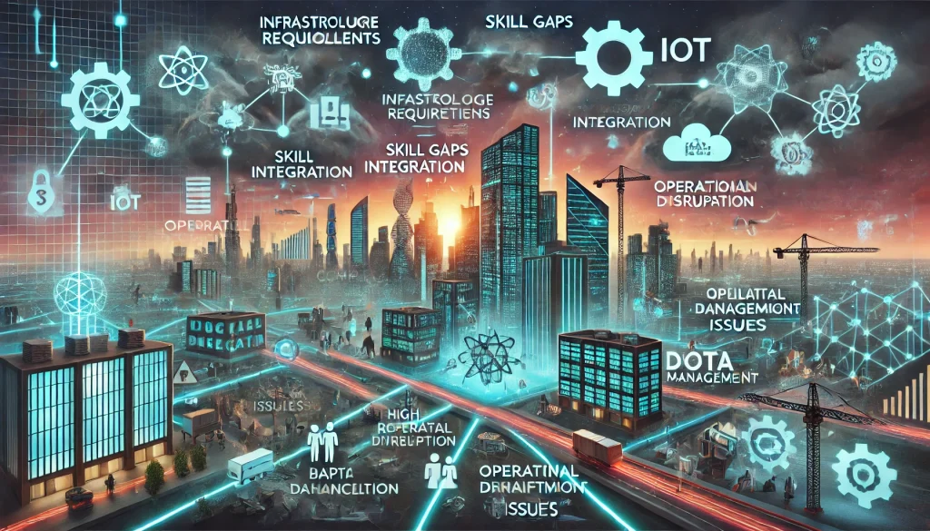 DALL·E 2024 08 08 13.39.57 A futuristic landscape image depicting pain points in integrating emerging technologies such as blockchain quantum computing and IoT into existing s