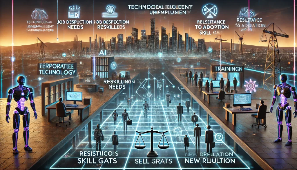 DALL·E 2024 08 08 13.43.55 A futuristic landscape image depicting pain points in addressing technological unemployment due to automation and AI. The scene should feature advance