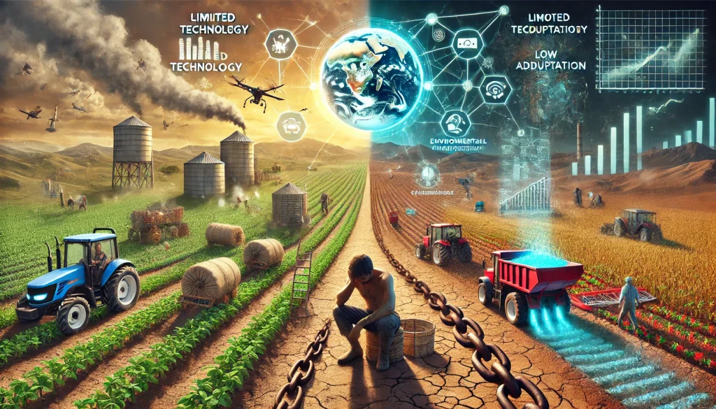 Bridging the Technological Gap: Empowering Farmers in Developing Countries through Innovative Agricultural Platforms 2 DALL·E 2024 08 09 11.09.05 A futuristic landscape showing the challenges faced by farmers in developing countries due to lack of access to modern agricultural technologies. The