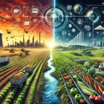 DALL·E 2024 08 09 11.15.07 A futuristic landscape image illustrating a comprehensive solution to reducing food waste in agriculture. The image is divided into two sections on t