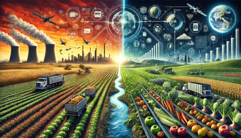 DALL·E 2024 08 09 11.15.07 A futuristic landscape image illustrating a comprehensive solution to reducing food waste in agriculture. The image is divided into two sections on t