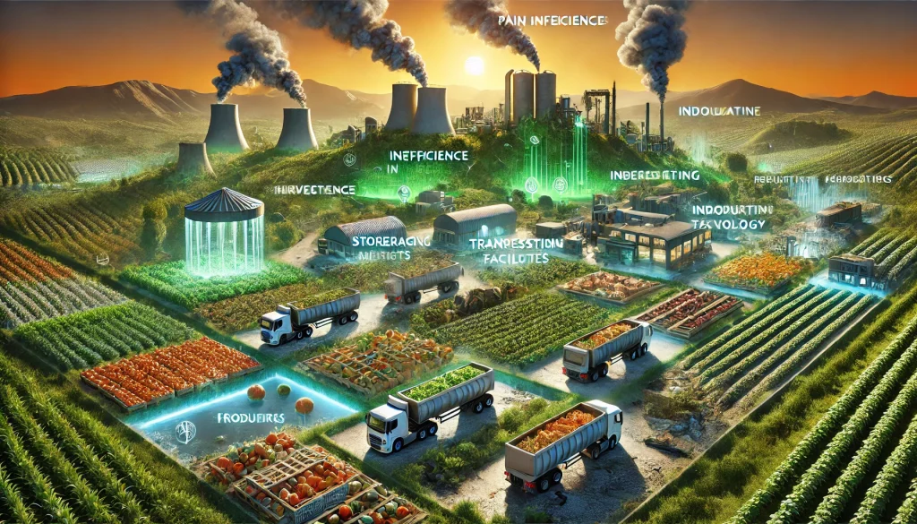 Reducing Food Waste in Agriculture: A Sustainable Future Through Innovation and Technology 2 DALL·E 2024 08 09 11.15.22 A futuristic landscape image focused on the pain points in agriculture that lead to food waste. The image depicts a struggling farm with various ineff