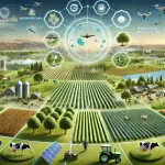 DALL·E 2024 08 09 11.20.06 A futuristic landscape image that illustrates the overall research on transforming agriculture towards sustainability. The image should depict a balan