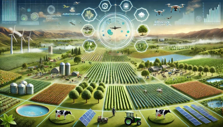 DALL·E 2024 08 09 11.20.06 A futuristic landscape image that illustrates the overall research on transforming agriculture towards sustainability. The image should depict a balan