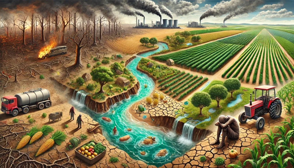 DALL·E 2024 08 09 11.20.27 A landscape image illustrating the pain points in agriculture leading to environmental degradation. The image shows deforested areas with barren erod