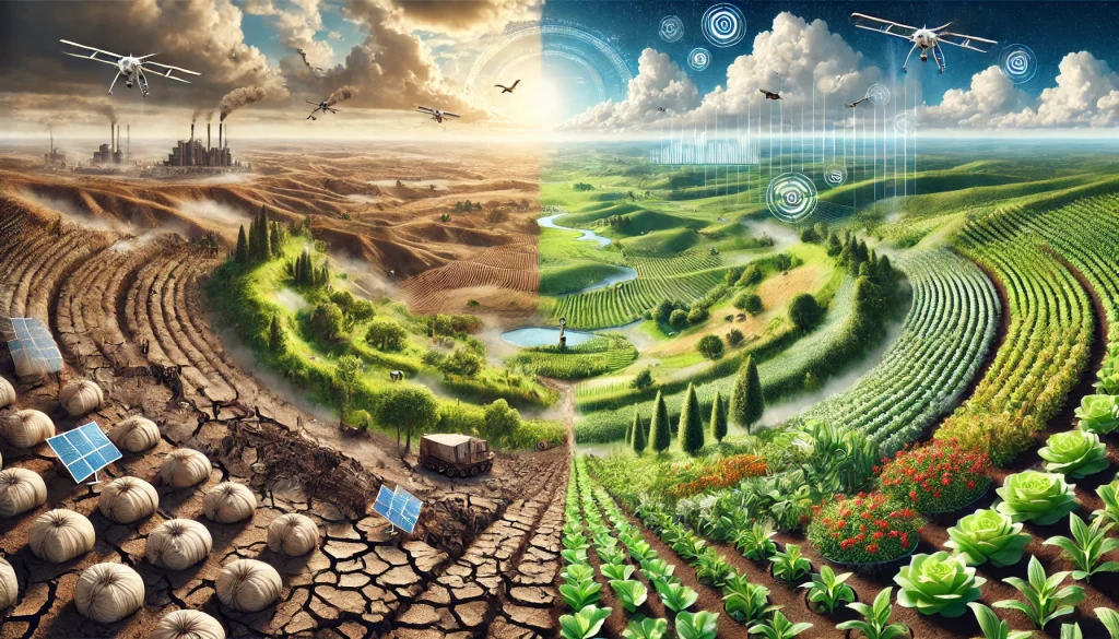 Restoring Soil Health: Addressing the Crisis of Soil Degradation in Agriculture 1 DALL·E 2024 08 09 11.25.01 A futuristic landscape image illustrating the overall research on soil degradation and restoration in agriculture. The image should depict a transform