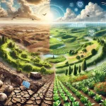 DALL·E 2024 08 09 11.25.01 A futuristic landscape image illustrating the overall research on soil degradation and restoration in agriculture. The image should depict a transform