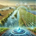 DALL·E 2024 08 09 11.29.18 A futuristic landscape image illustrating the overall research on water scarcity in agriculture. The image shows a landscape transformed by sustainabl