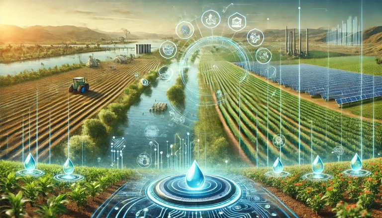 DALL·E 2024 08 09 11.29.18 A futuristic landscape image illustrating the overall research on water scarcity in agriculture. The image shows a landscape transformed by sustainabl