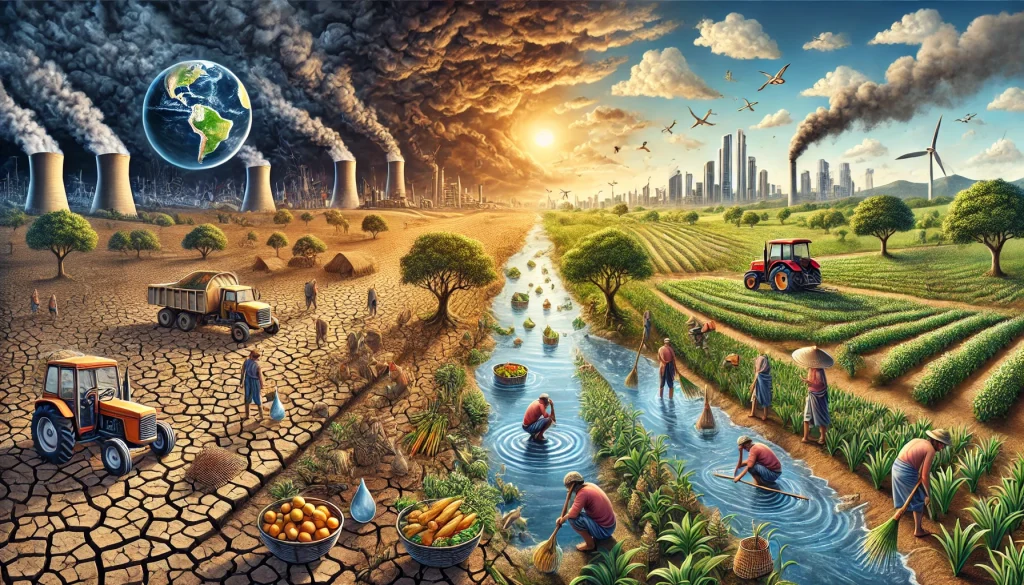 DALL·E 2024 08 09 11.29.36 A landscape image focusing on the pain points related to water scarcity in agriculture. The image depicts a struggling farming environment where the i