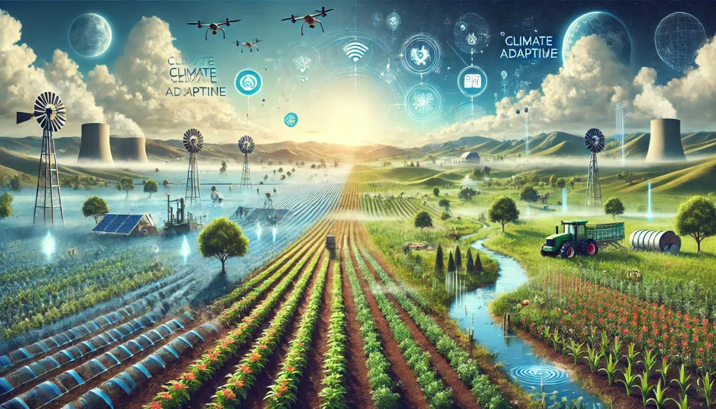 DALL·E 2024 08 09 12.29.08 A futuristic landscape image illustrating the overall research on climate change adaptation in agriculture. The image shows a farm transformed by resi