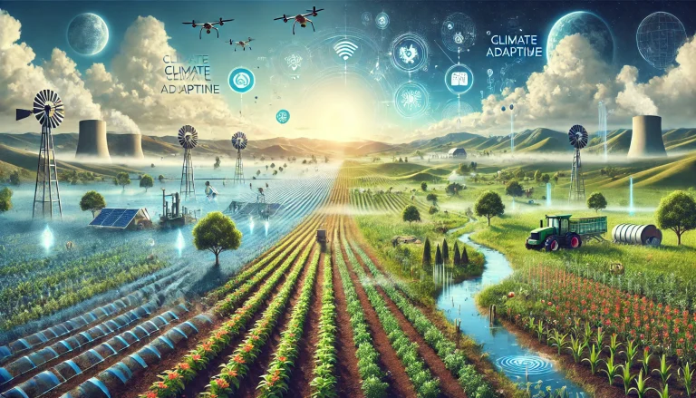 DALL·E 2024 08 09 12.29.08 A futuristic landscape image illustrating the overall research on climate change adaptation in agriculture. The image shows a farm transformed by resi