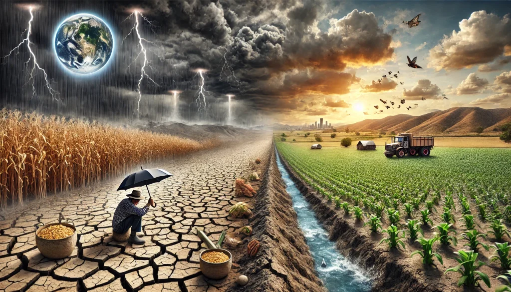 DALL·E 2024 08 09 12.29.27 A landscape image focusing on the pain points related to climate change in agriculture. The image shows a struggling farm environment where the impact