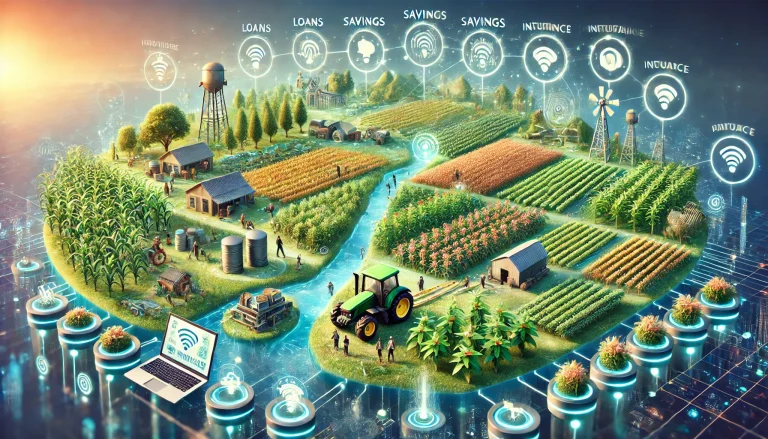 DALL·E 2024 08 09 12.39.32 A futuristic landscape image illustrating the overall research on empowering smallholder farmers through financial inclusion. The image shows a thrivi