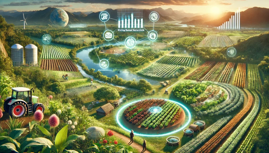 DALL·E 2024 08 09 12.46.54 A futuristic landscape image illustrating the overall research on moving beyond monoculture to promote sustainable agriculture. The image should show