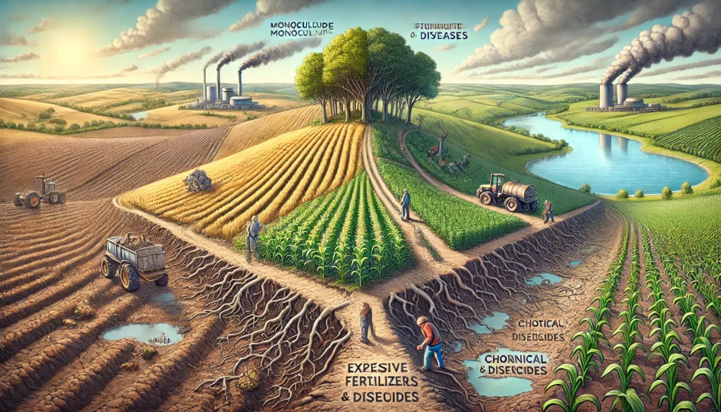 DALL·E 2024 08 09 12.47.11 A landscape image highlighting the pain points associated with monoculture in agriculture. The scene should depict a struggling farm where monoculture