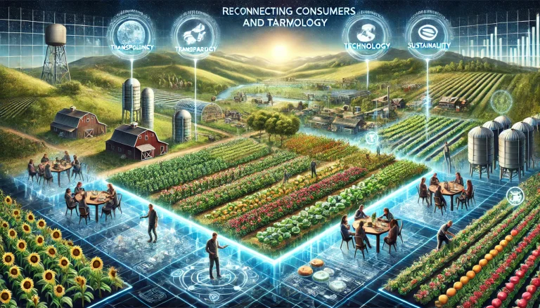 DALL·E 2024 08 09 12.52.09 A futuristic landscape image illustrating the overall research on reconnecting consumers and farmers through transparency technology and sustainabil